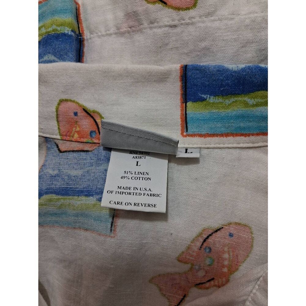 Hot cotton usa womens large linen shirt art wear white green fishes nature top - Picture 7 of 9